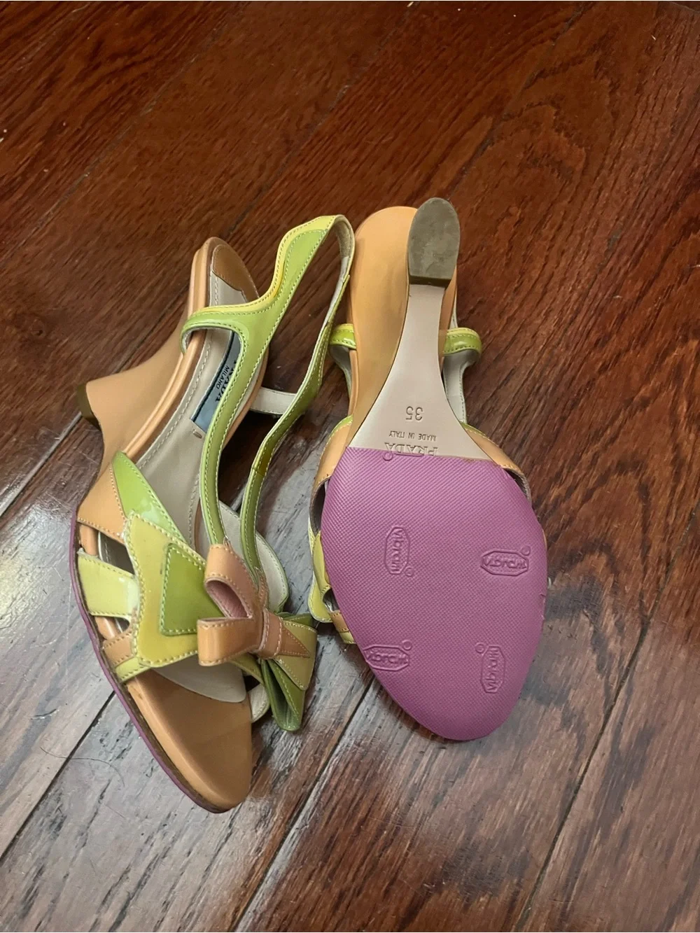 PRADA Lime Green and Beige Bow T-Strap Heels - Picture 4 of 6
